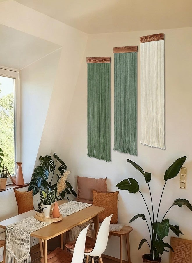 KHOYIME Macrame Wall Hanging Boho Chic Home Decor, 3PCS Bohemian Green Beige Tassel Yarn Tapestry Modern Handmade Large Wall Art Decorations for Living Room Bedroom Nursery Backdrop 11.8''W x 36''L - Image 5